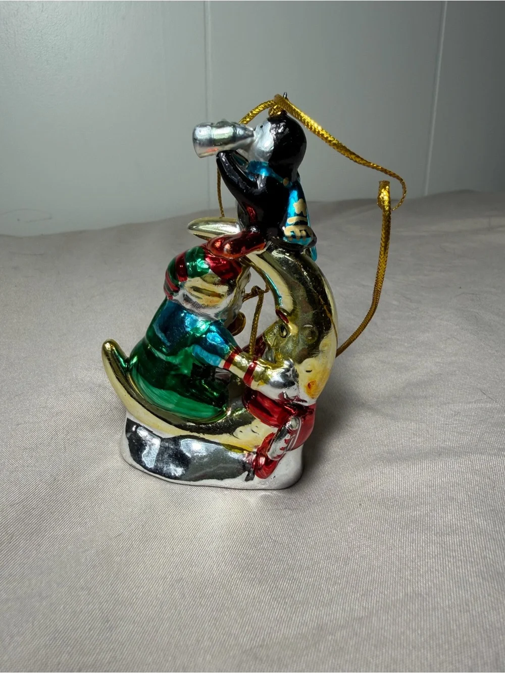 Vintage Coca Cola Christmas Ornament Santa And A Penguin On A Moon Porcelain.